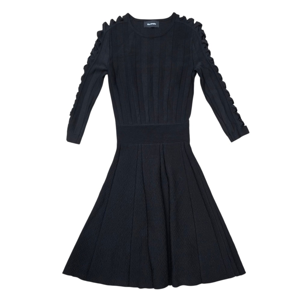 The Kooples Black Knit Ribbed Fit Flare Dress Ruffle Sleeve Size 1 (2/4)